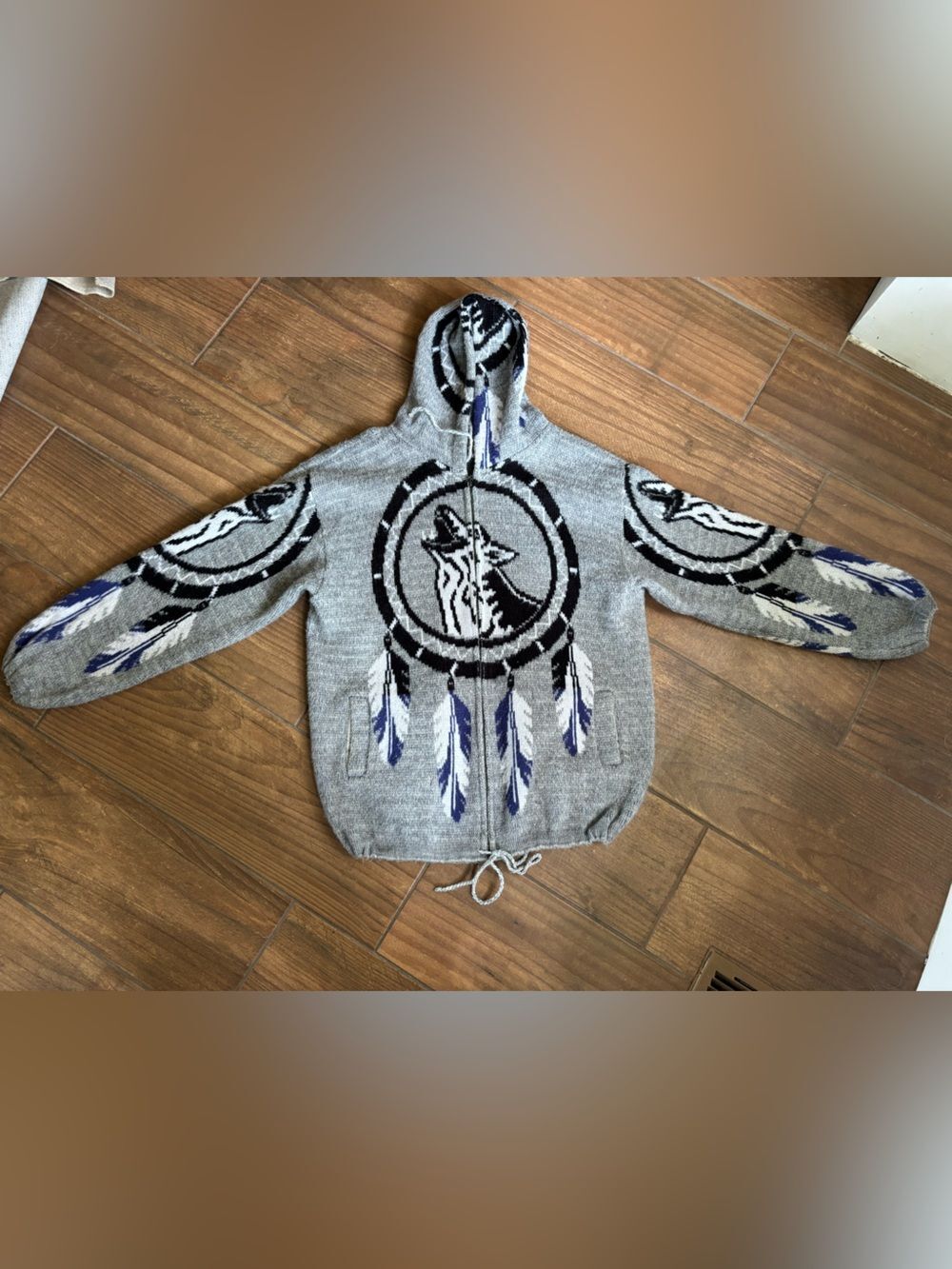 Vintage Wolf Dreamcatcher Zip-Up Hooded Sweater Jacket Gray Medium